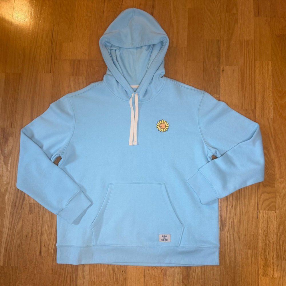 NWOT Life Is Good Fleece Hoodie Pullover Sunflower Light Blue Women’s Large - Picture 6 of 12